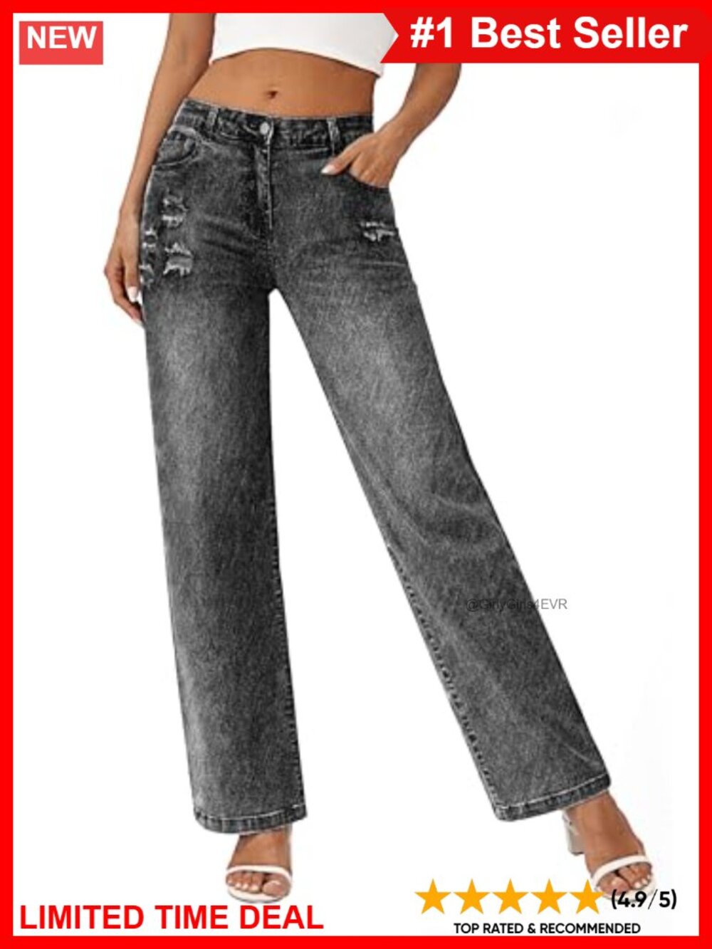 Women's Ripped Straight Leg Stretchy Denim Jeans High Rise Casual